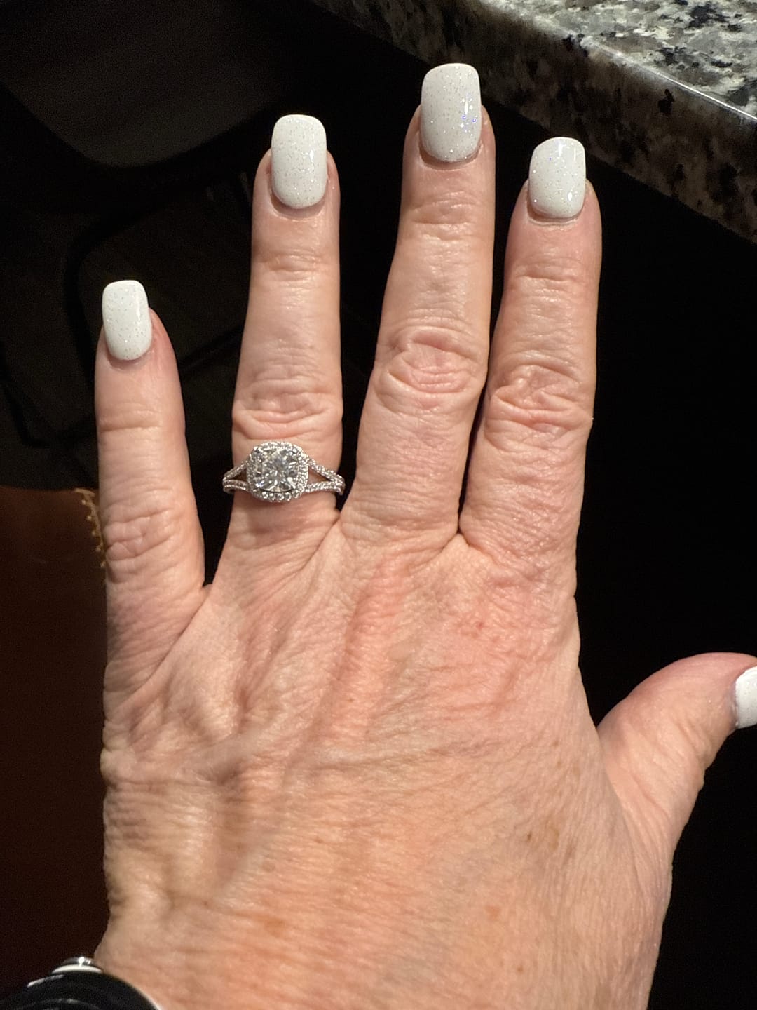 Customer photo review of Halo Cushion Cut Moissanite Split Shank Pave Engagement Ring