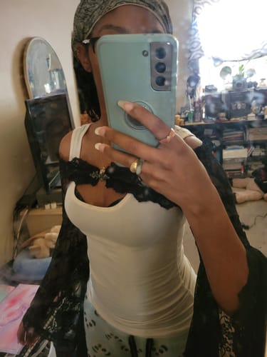 Customer photo review of Lace off shoulder flared sleeve solid button shrug top