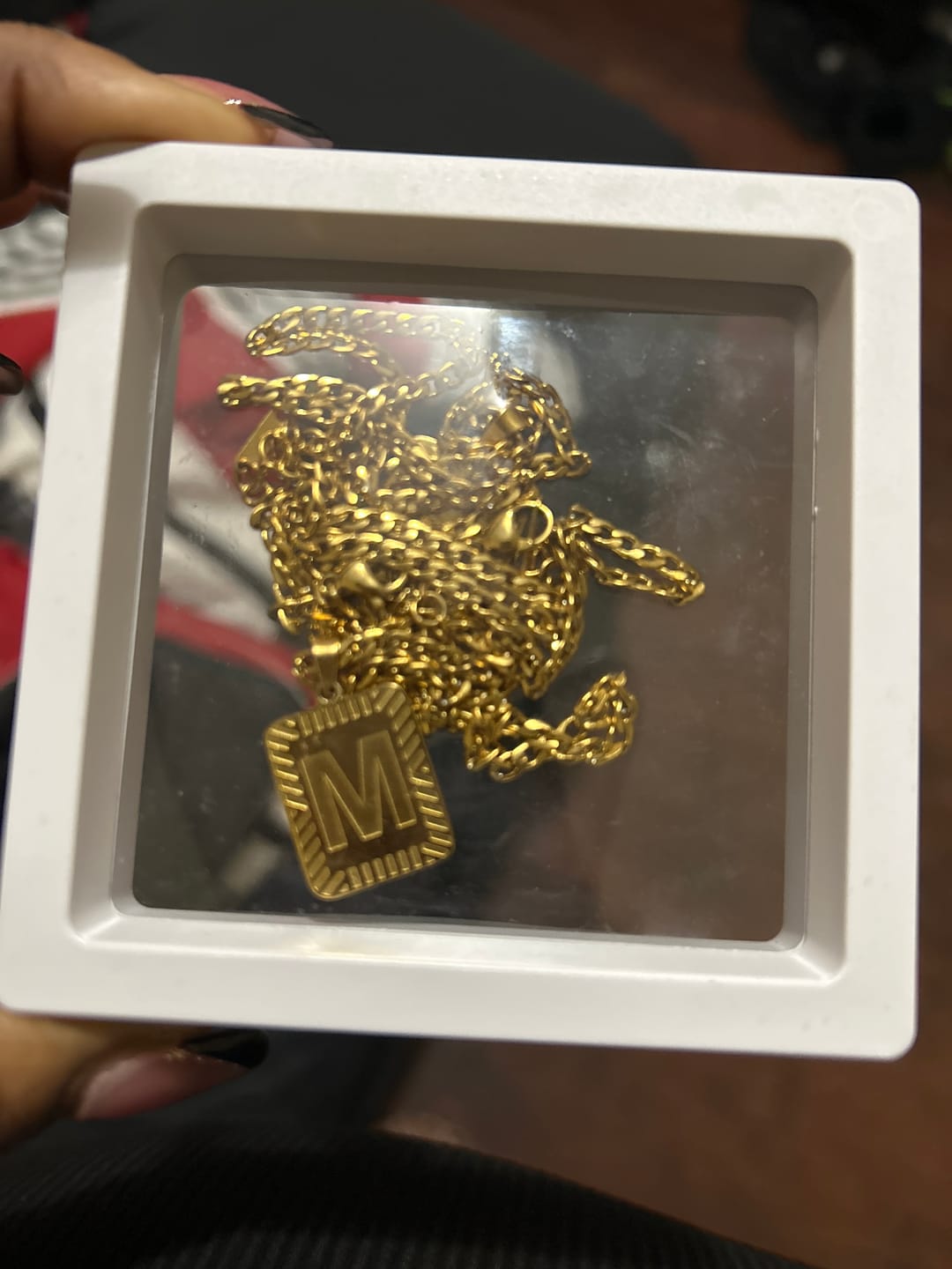 Customer photo review of Embossed Initial Necklace w/ Cuban Chain