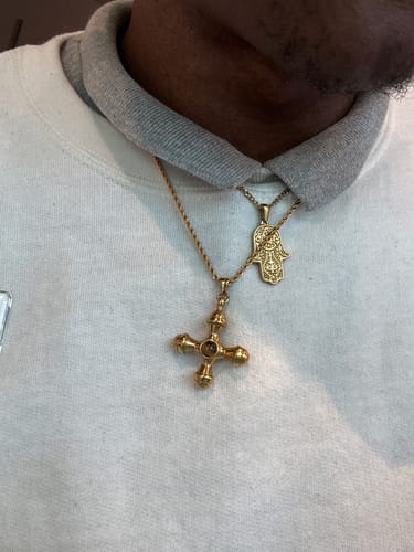Customer photo review of Tiger's Eye 18k Gold Cross Pendant Necklace