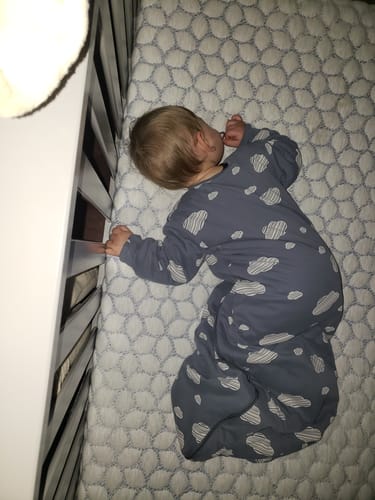 Customer photo review of Organic Cotton & Camel Wool Long Sleeve Sleep Sack 2.5 TOG - Blue Sky