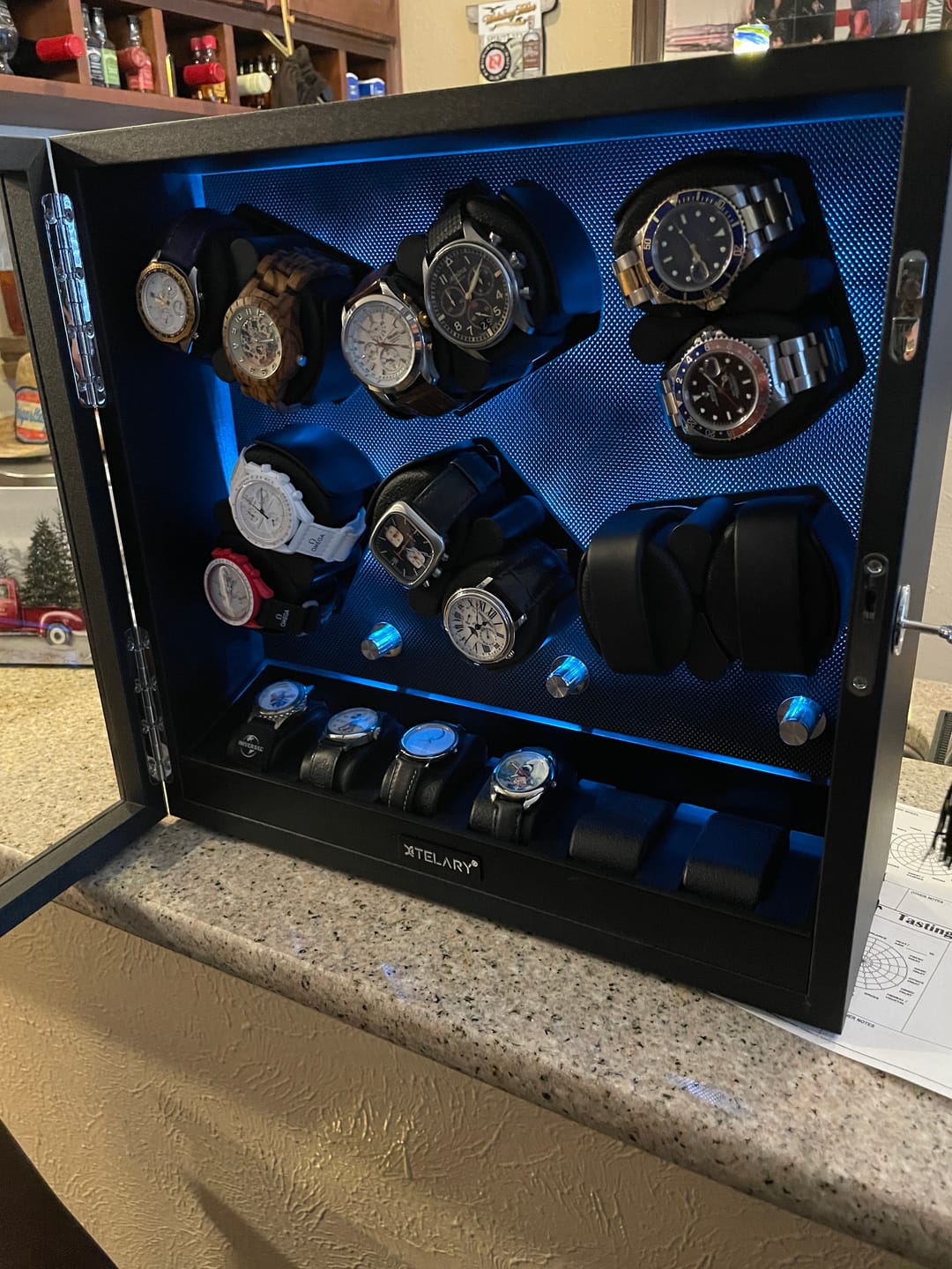 Customer photo review of 12 + 6 Watch Winder with Extra Storages Aurora Blue Light Quiet Motors - Black