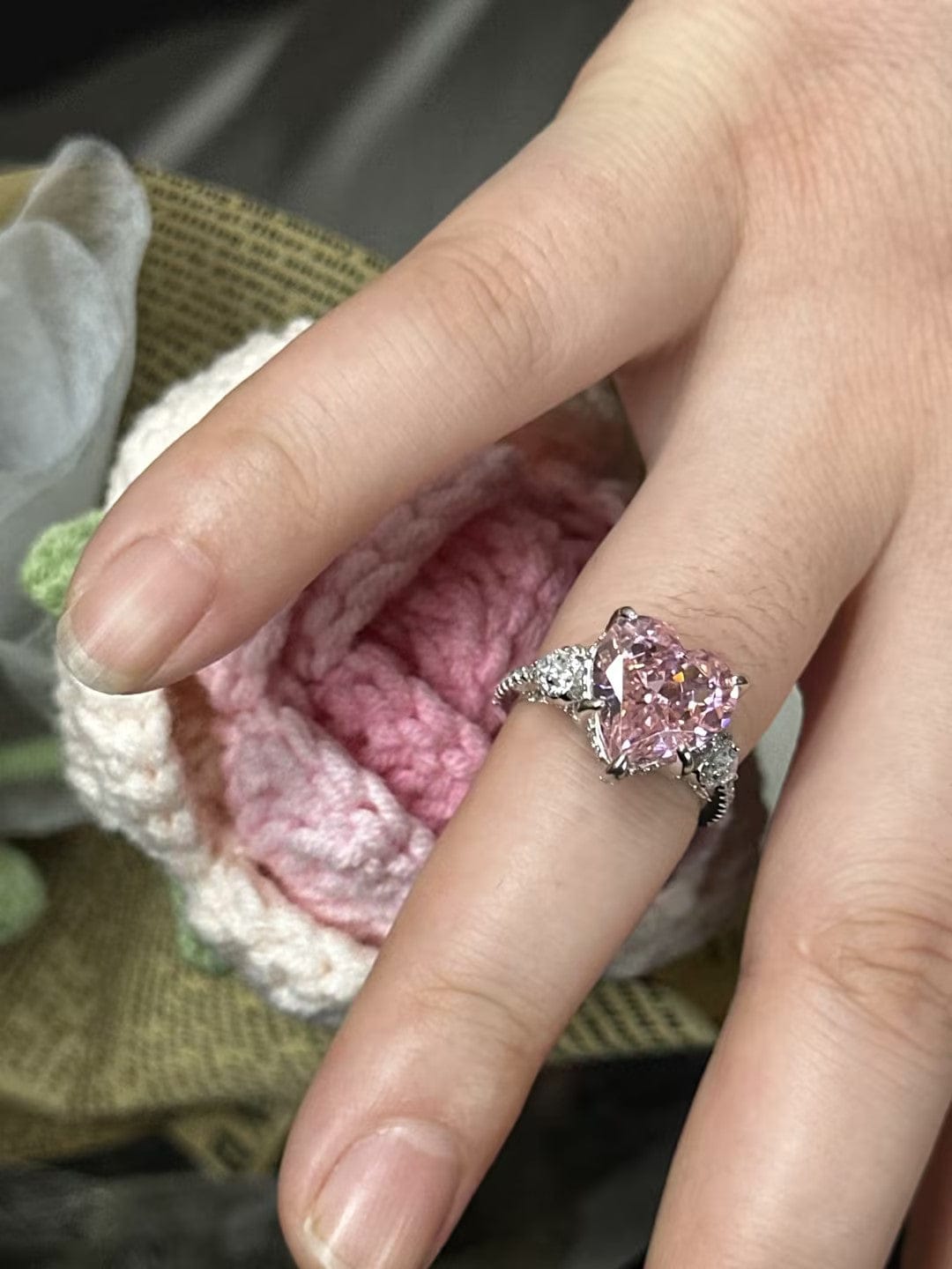 Customer photo review of S925 5.0Ct Heart Cut Royal Romantic Pink Stone Heart Cut Engagement Ring In Sterling Silver