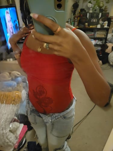 Customer photo review of Ruched dragon print mesh cami bodysuit- Final Sale