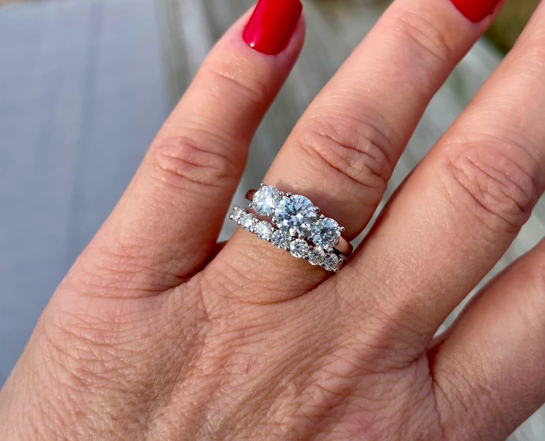 Customer photo review of Round Moissanite Sterling Silver Wedding Band Stackable Ring