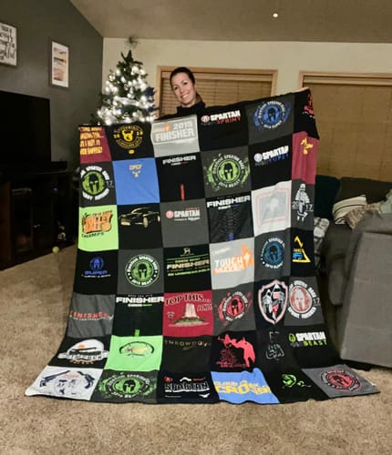 T-shirt quilt with obstacle racing, fitness themes by Kayla from WY