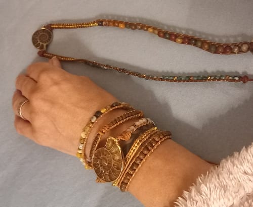 Customer photo review of Natural Ammonite Fossil, Sunstone and Wood Beaded Wrap Bracelet