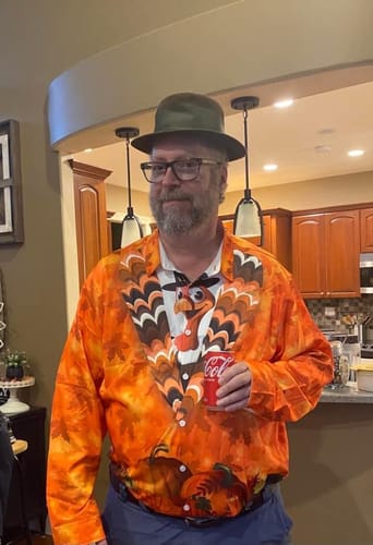 Customer photo review of Men's Thanksgiving Turkey Pumpkin Funny Holiday Long Sleeve Shirt