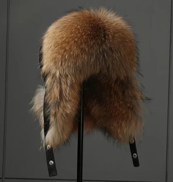 Customer photo review of Fox Fur Hat Real Sheepskin Top — Chestnut Brown | KIMLUD