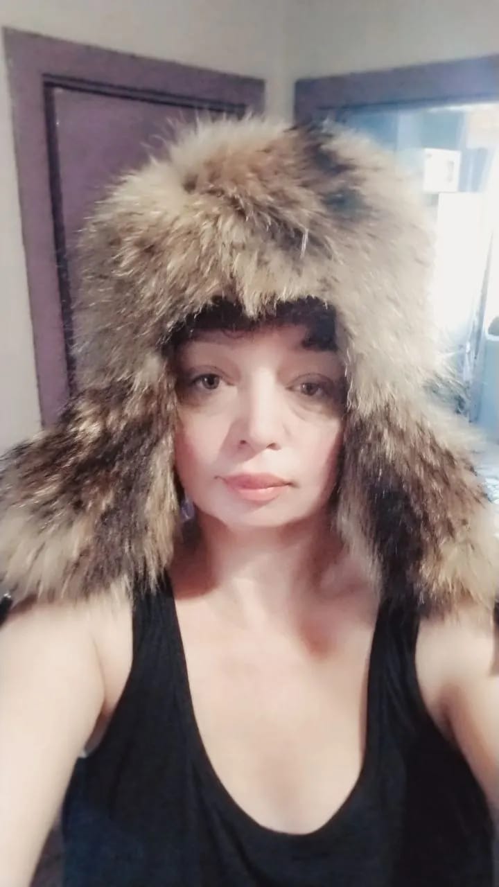 Customer photo review of Fox Fur Hat Real Sheepskin Top — Chestnut Brown | KIMLUD