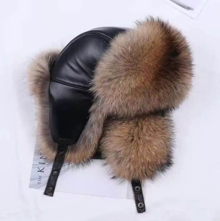 Customer photo review of Fox Fur Hat Real Sheepskin Top — Chestnut Brown | KIMLUD