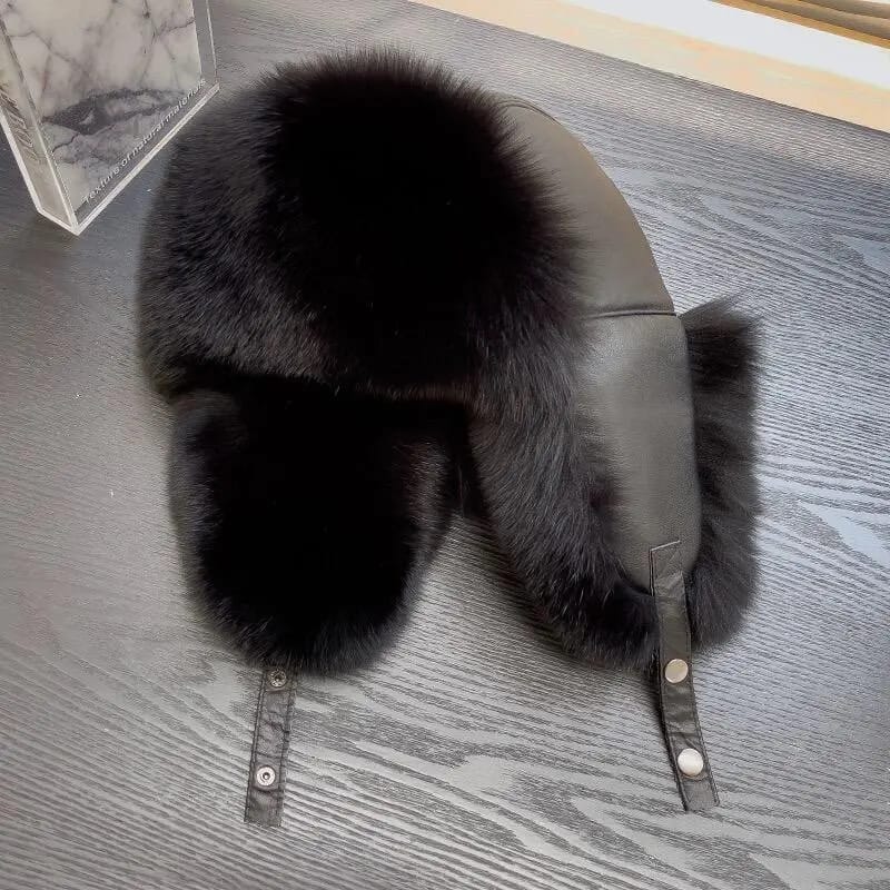 Customer photo review of Fox Fur Hat Real Sheepskin Top — Chestnut Brown | KIMLUD
