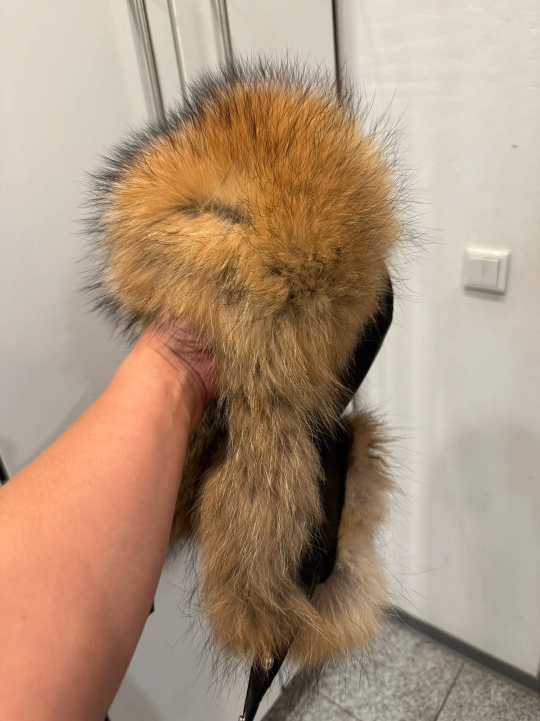 Customer photo review of Fox Fur Hat Real Sheepskin Top — Chestnut Brown | KIMLUD