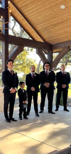 Customer photo review of Ties2you Striped Tie Burgundy Gold Silk Men's Tie Hanky Cufflinks Set