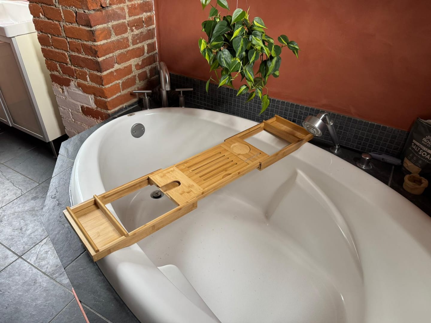 Customer photo review of Personalised Extendable Bath Caddy Tray with Wine Glass Holder