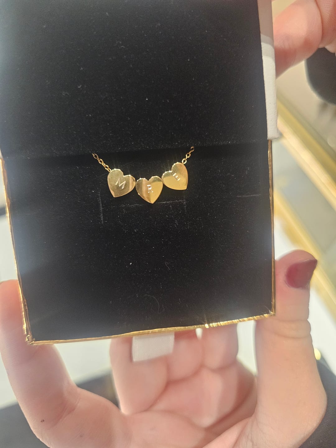 Customer photo review of Amo Heart Triple Bead Necklace in Gold