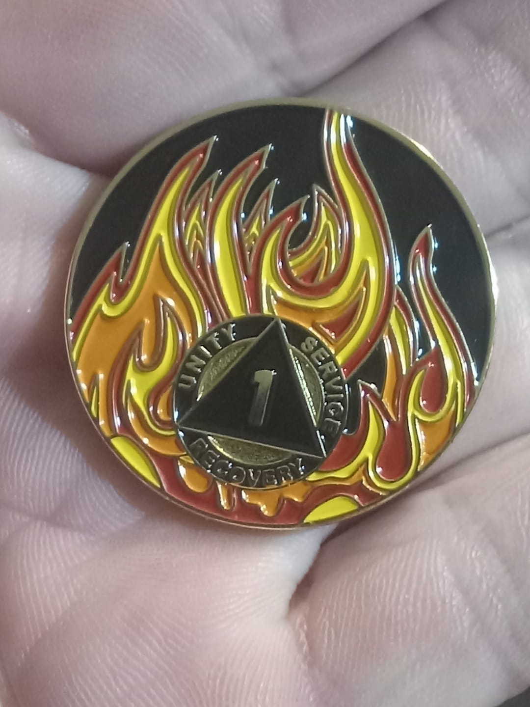 Customer photo review of 1 to 40 Year Sobriety Mint Twisted Flames Gold Plated AA Recovery Medallion/Chip/Coin - Black/Red/Orange/Yellow