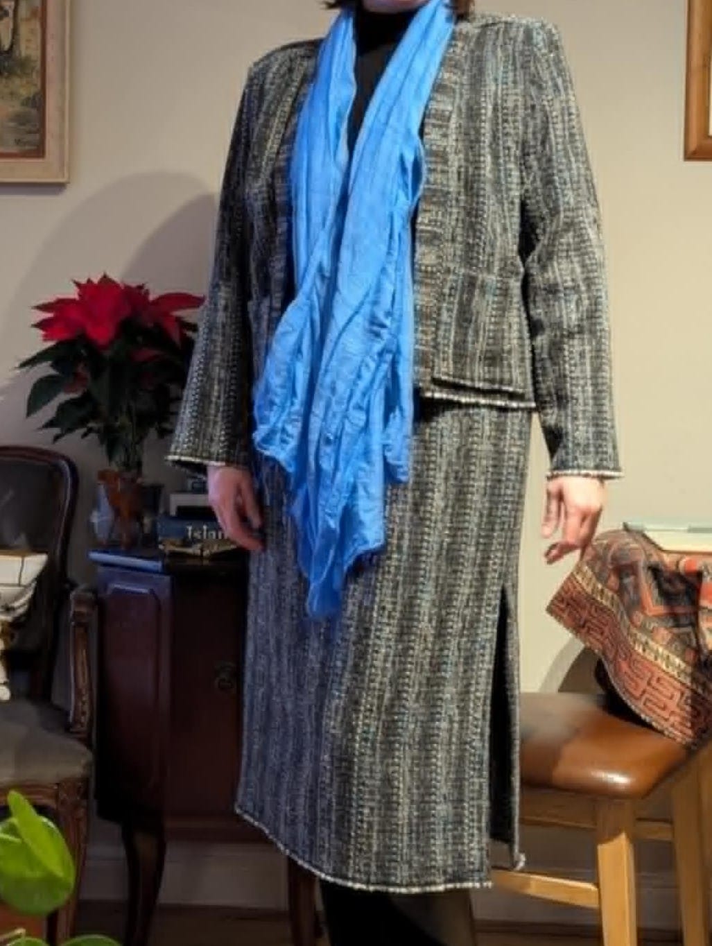 Customer photo review of Blue and Grey Boucle Fabric