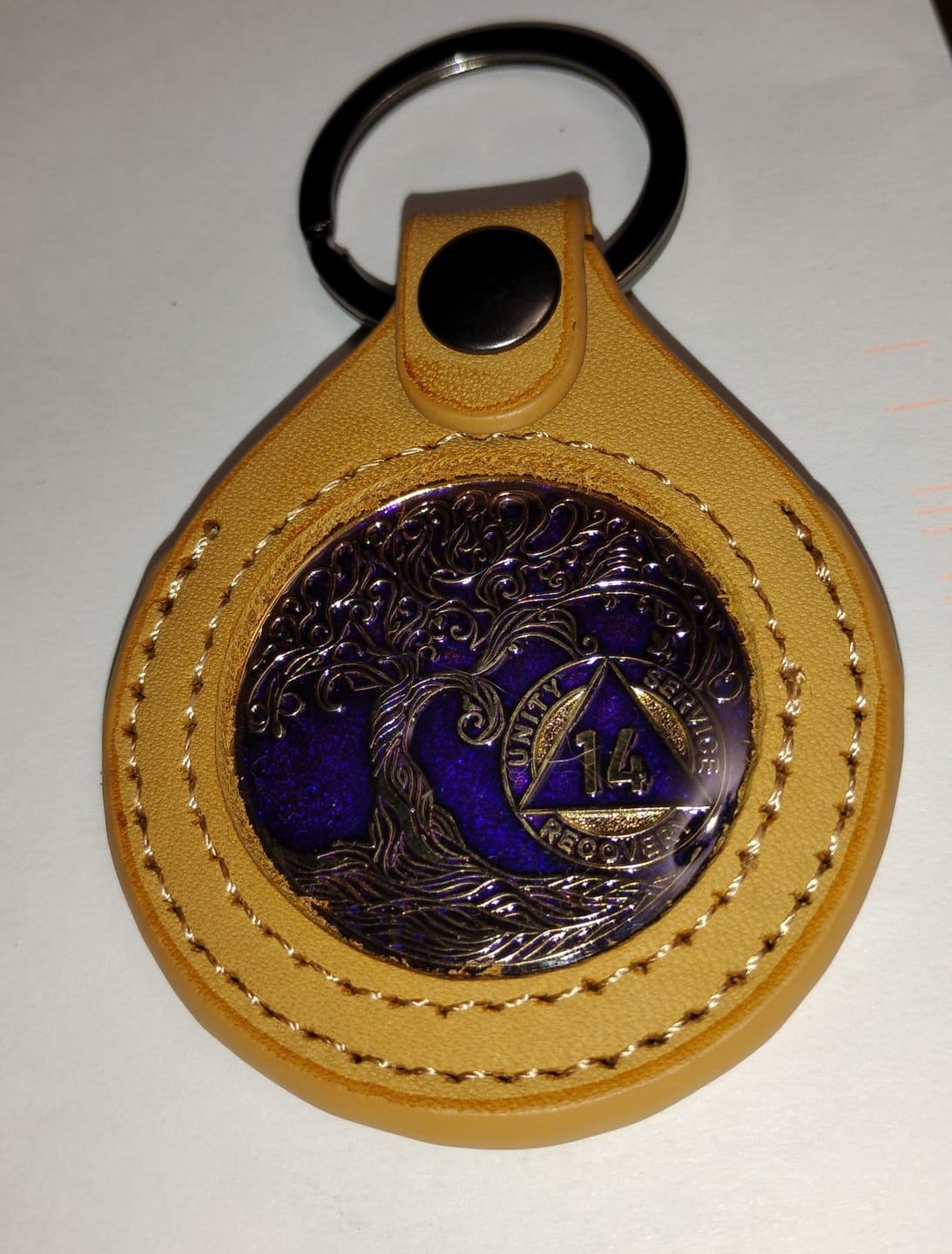 Customer photo review of 14 Year Sobriety Mint Twisted Tree of Life Gold Plated AA Recovery Medallion - Fourteen Year Chip/Coin - Purple