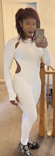 Customer photo review of White Long Sleeve Cut Out Catsuit