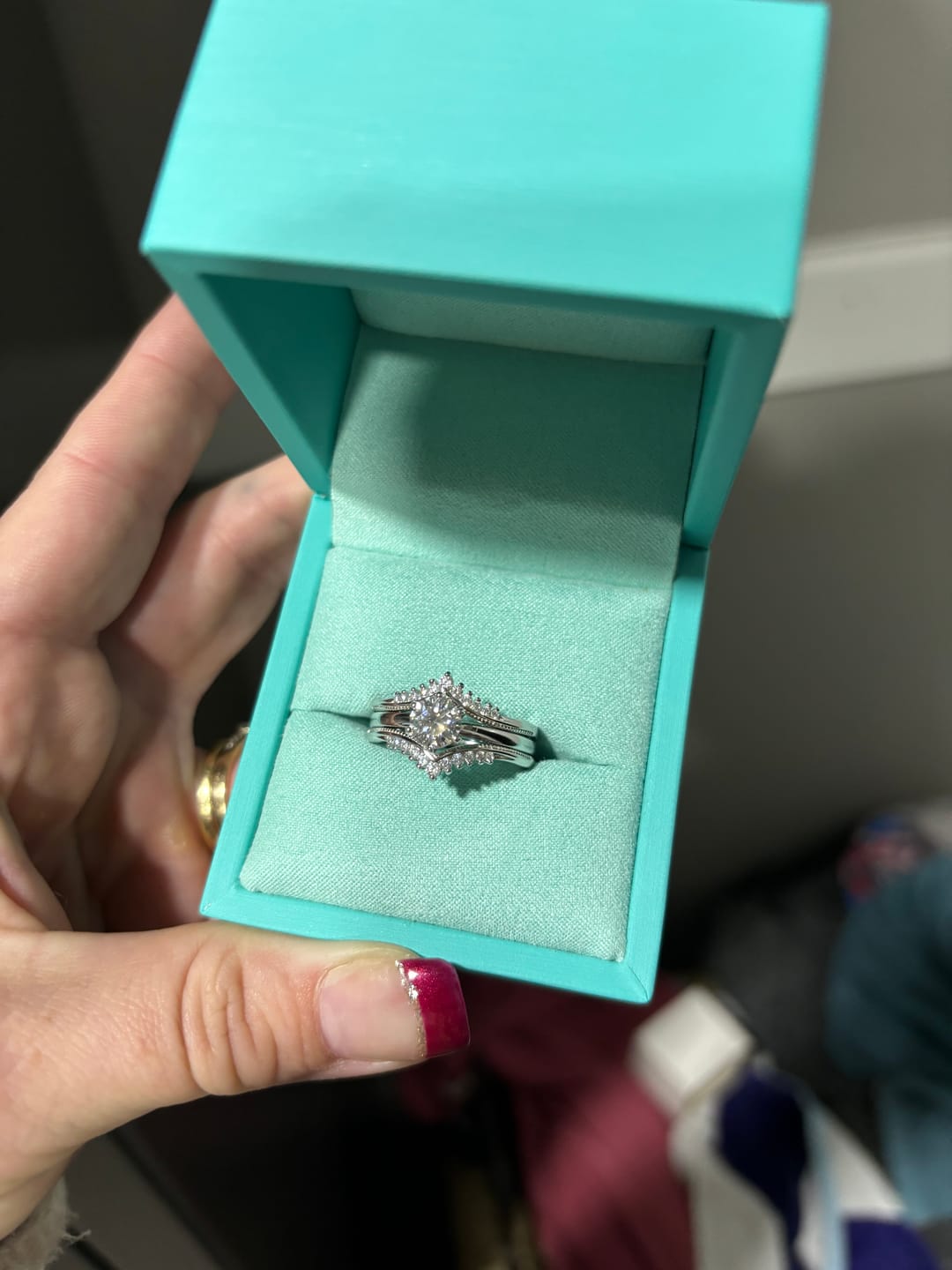 Customer photo review of Solitaire Moissanite With Enhancer Shank Bridal Engagement Ring Set