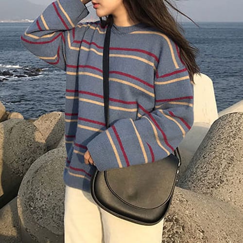 Customer photo review of Chic Women's Striped Round Neck Pullover Sweater