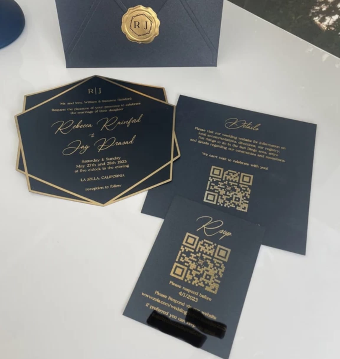 Customer photo review of Navy Blue and Gold Acrylic Wedding Invitation
