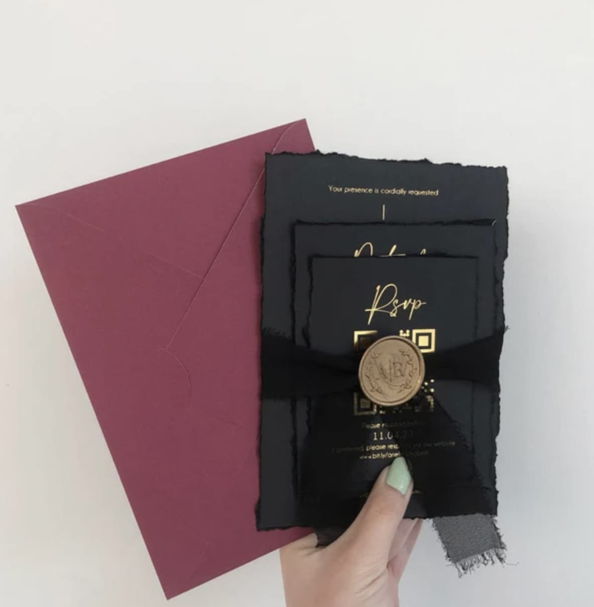 Customer photo review of Deckled Edge and Gold Foil Printed Wedding Invite