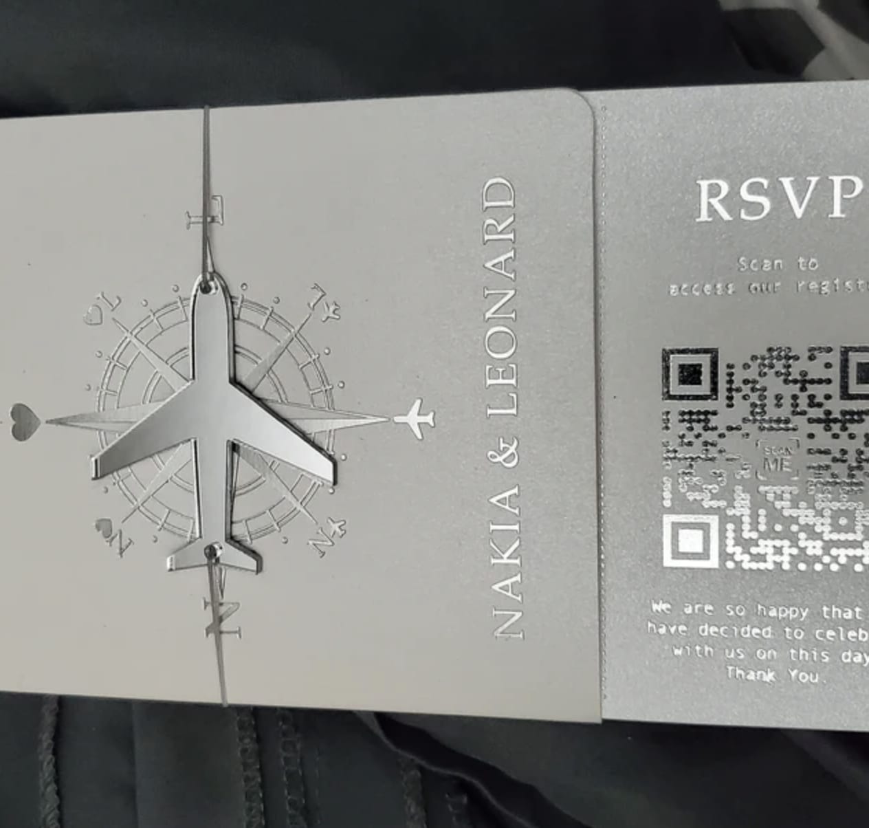 Customer photo review of White Boarding Pass Wedding Invitation with Silver Foil
