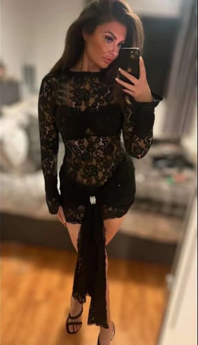 Customer photo review of Draped Long Sleeve Lace Mini Dress