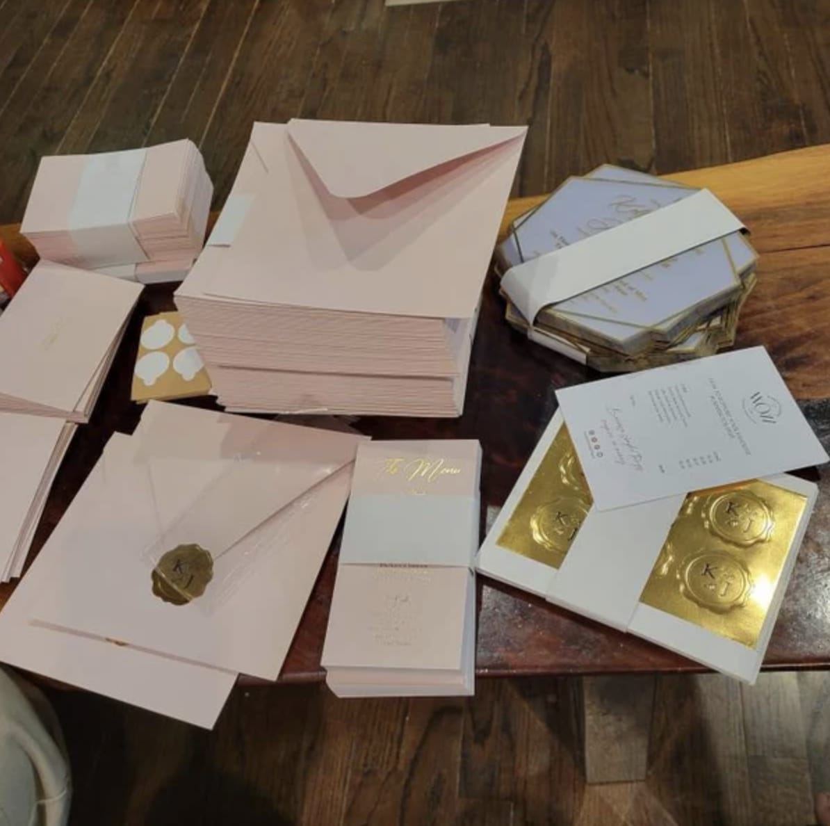 Customer photo review of Blush Pink and Rose Gold Acrylic Wedding Invitation