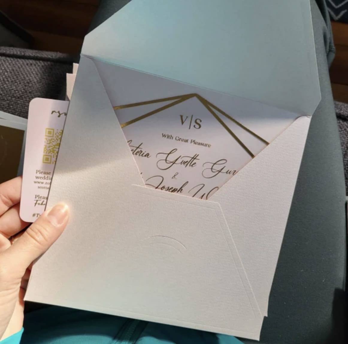 Customer photo review of Ivory and Gold Acrylic Wedding Invitation