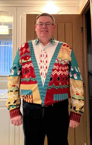 Customer photo review of Men's Funny Christmas Print Long Sleeve Button Up Vacation Shirt