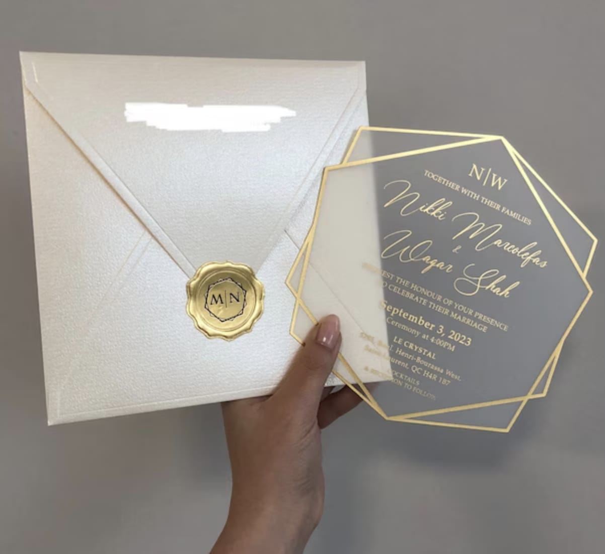 Customer photo review of Ivory and Gold Acrylic Wedding Invitation