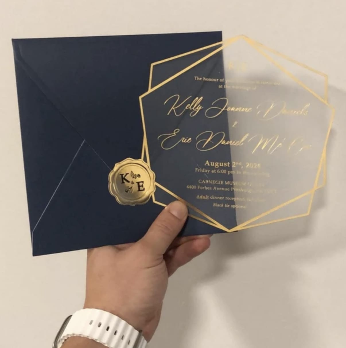 Customer photo review of Navy Blue and Gold Acrylic Wedding Invitation