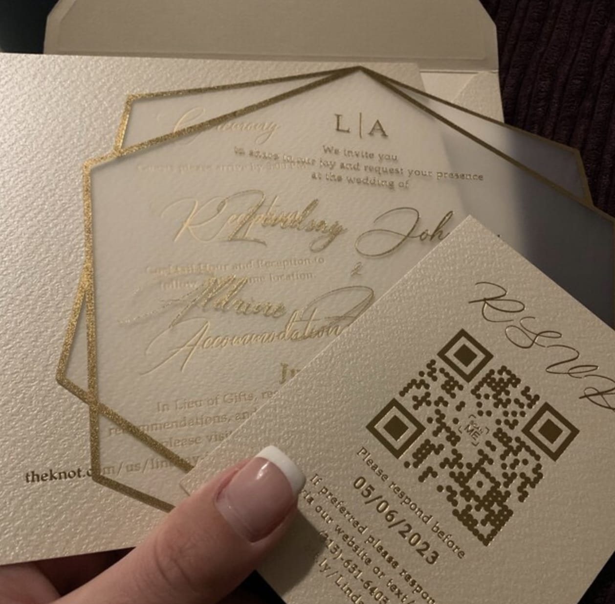 Customer photo review of Ivory and Gold Acrylic Wedding Invitation