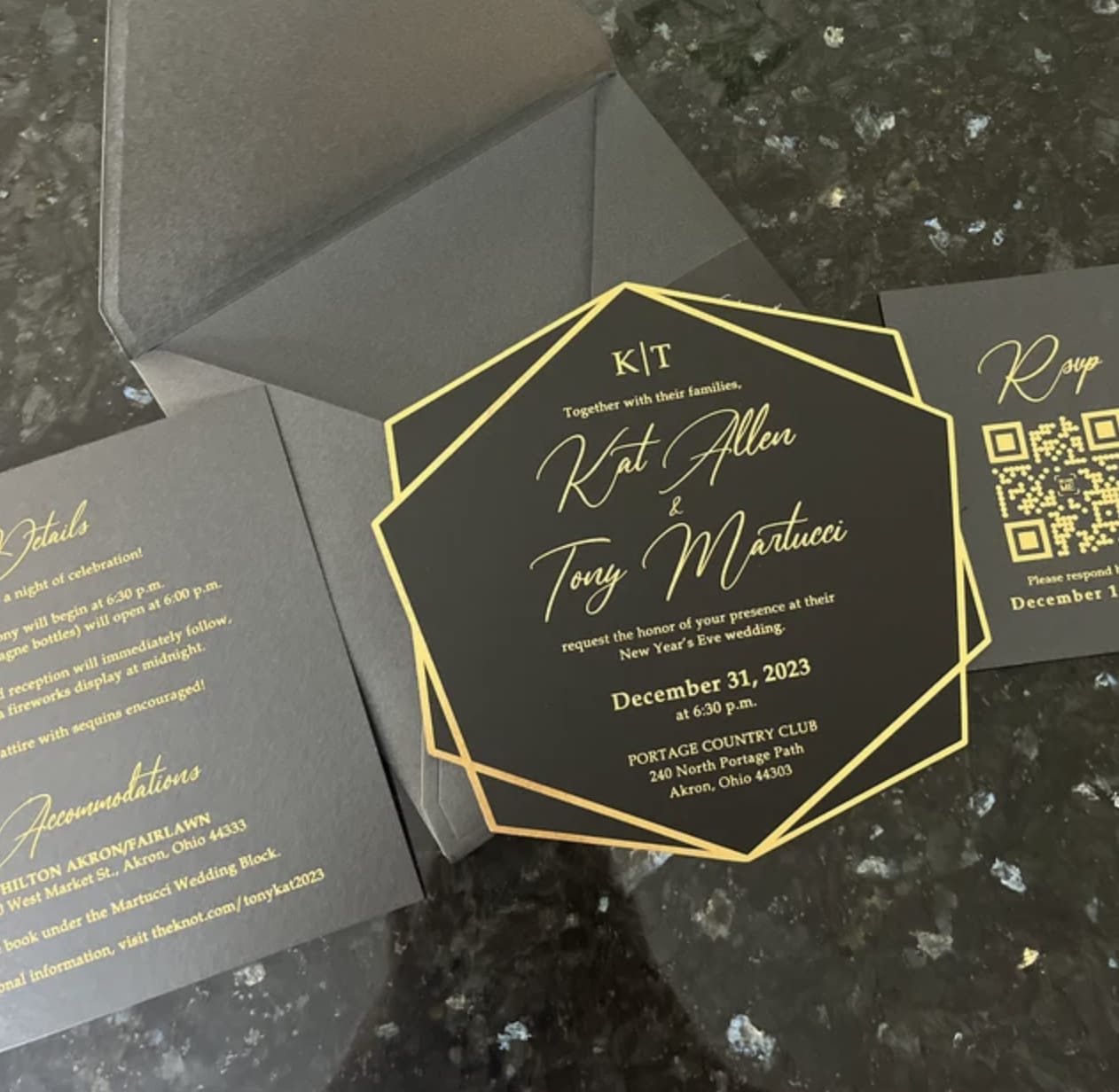Customer photo review of Black Acrylic Wedding Invite with Gold Foil Letters