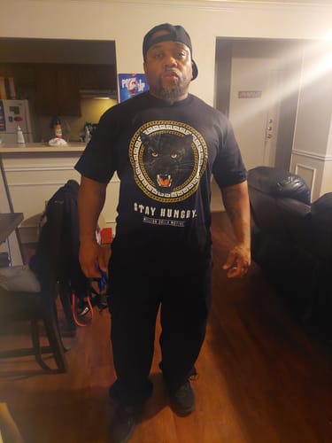 Customer photo review of Stay Hungry Panther - Gold on Black T-Shirt