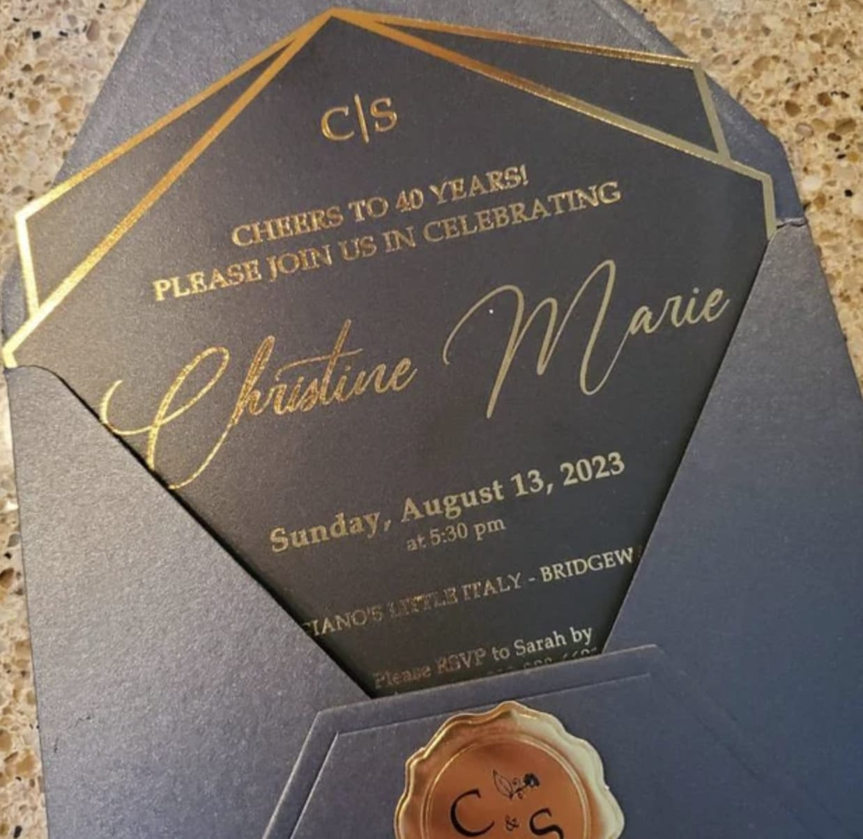 Customer photo review of Navy Blue and Gold Acrylic Wedding Invitation