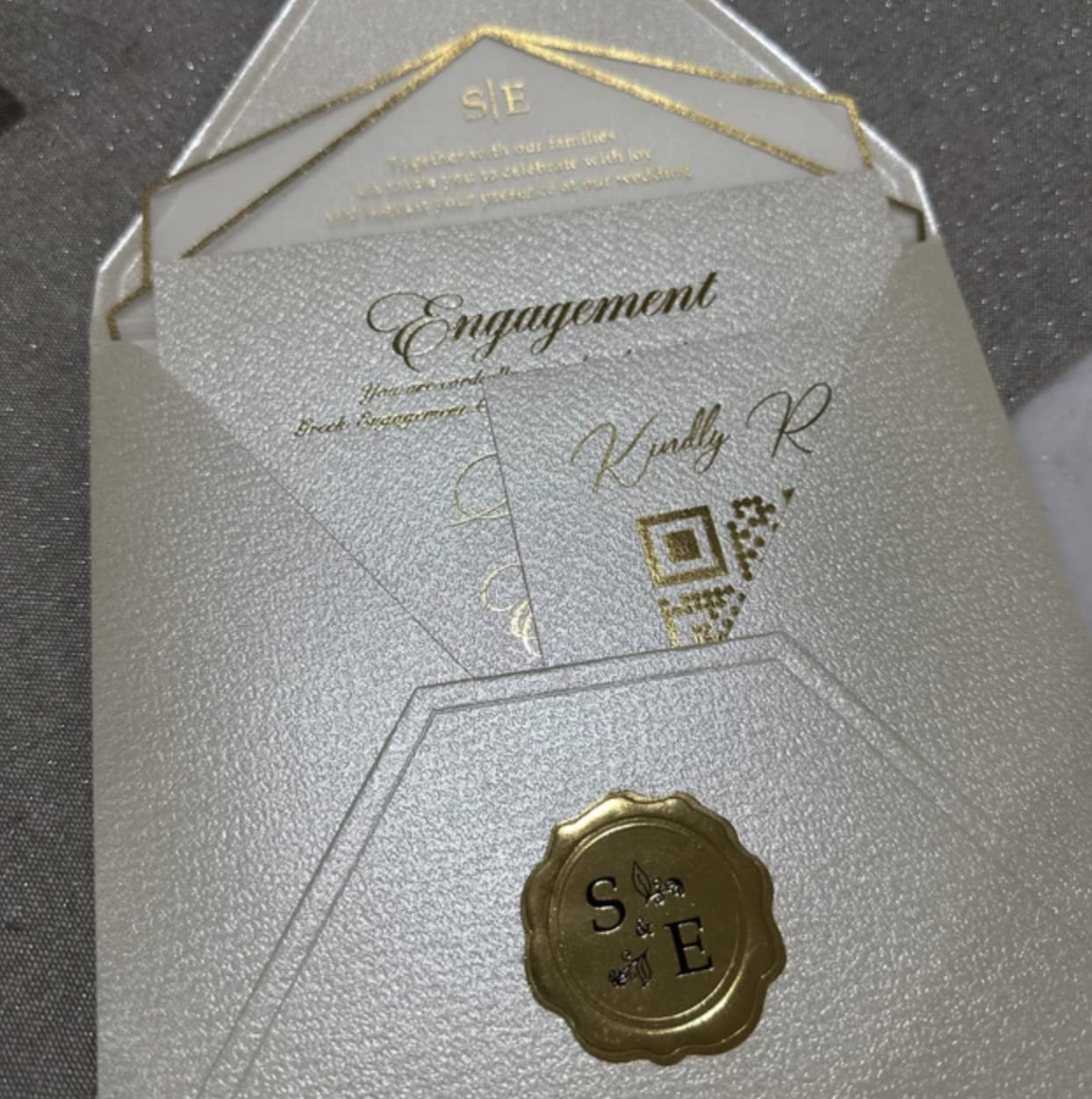 Customer photo review of Ivory and Gold Acrylic Wedding Invitation