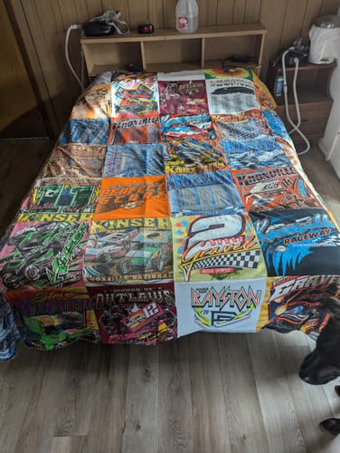 T-shirt quilt with motorsports, racing themes by Debra from KS