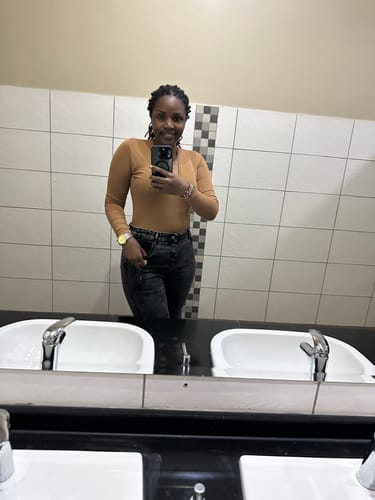 Customer photo review of Long Sleeve V Neck Bodysuit in CAMEL
