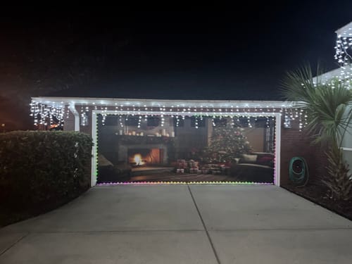 Customer photo review of Fireplace Decorated with Christmas Decorations and Christmas Tree in Living Room Garage Door Cover Wrap Backdrop Decoration