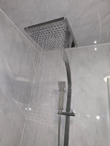 Customer photo review of Premium Grey Marble Gloss Shower Wall Panel – 2400 x 1000mm