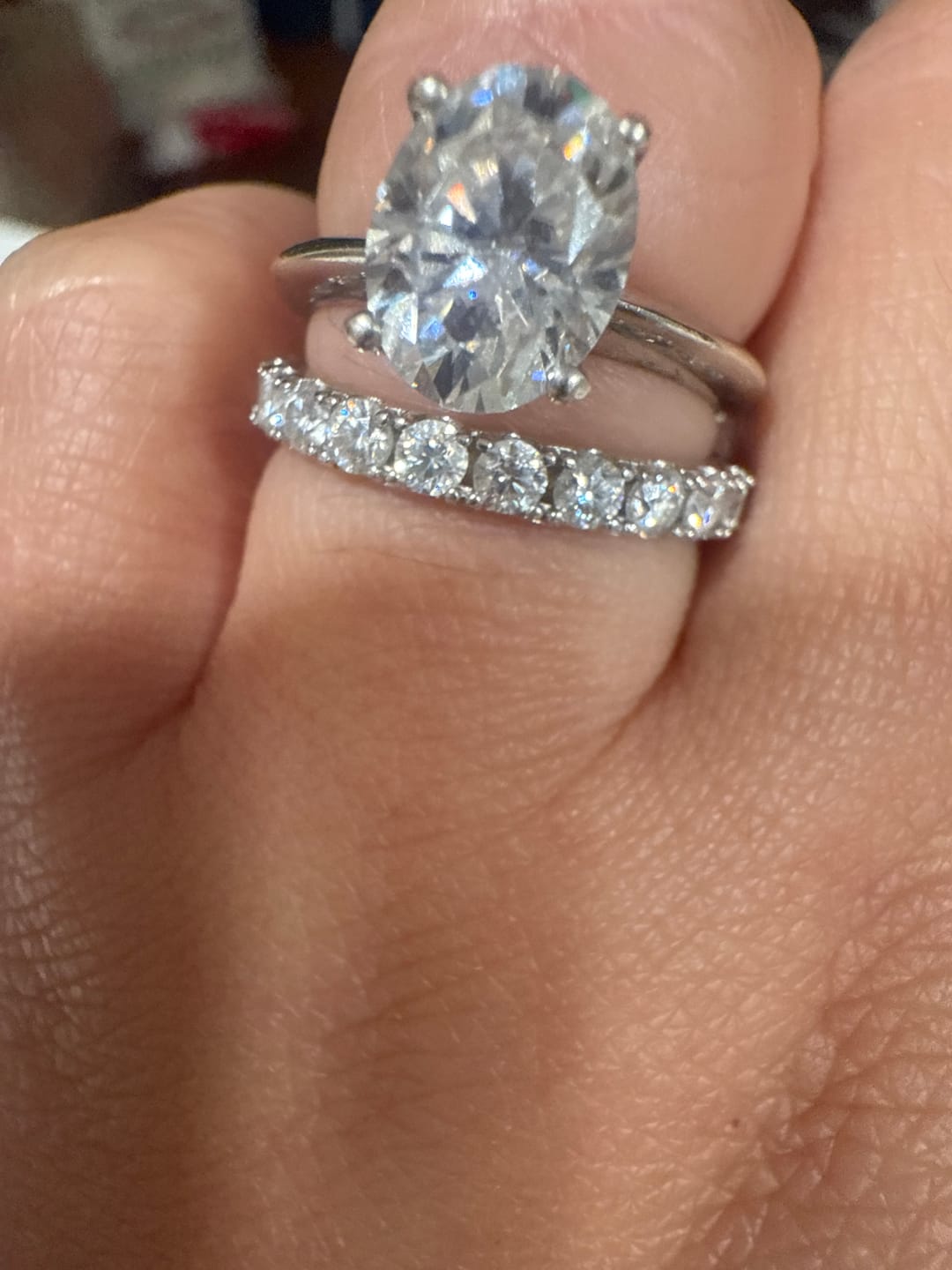 Customer photo review of Pave Moissanite Eternity Wedding Band Ring In Sterling Silver