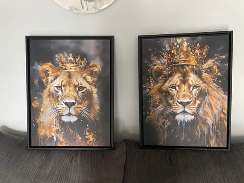 Customer photo review of Lion King And Lioness Queen With Crowns Black Gold Framed Canvas Wall Art