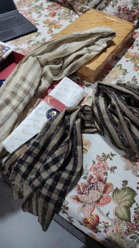 Customer photo review of Pashtush His And Her Gift Set Of Check Stripe Stoles With Premium Gift Box Packaging, Black and Beige