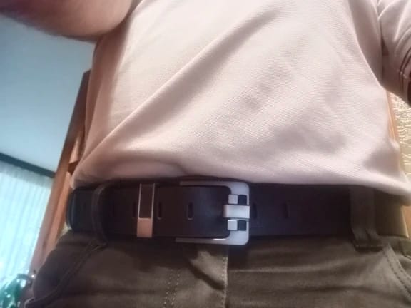 Customer photo review of Genuine Leather Belt Sculpted Buckle — Black | KIMLUD