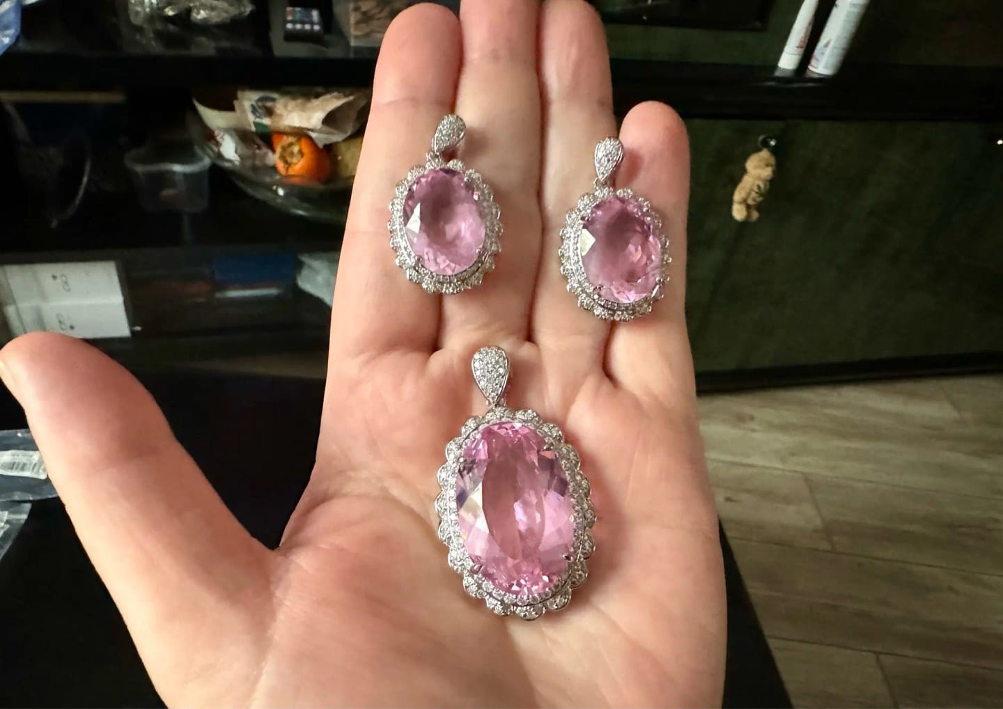 Customer photo review of Morgan Stone Jewelry Set Pendant Ring Earrings Necklace — Pink | KIMLUD
