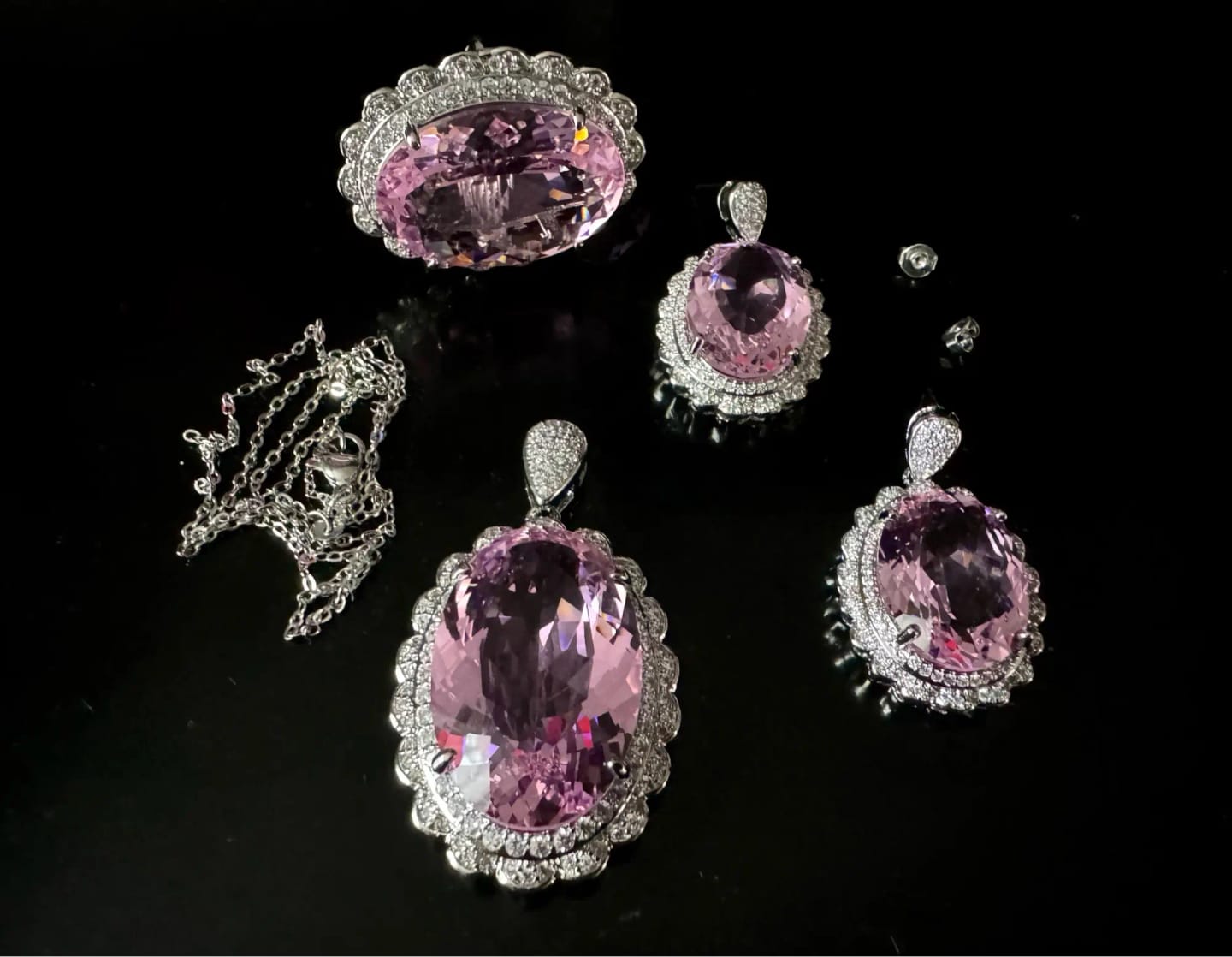 Customer photo review of Morgan Stone Jewelry Set Pendant Ring Earrings Necklace — Pink | KIMLUD